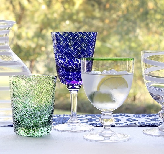 william meowed coloured glassware in blue and green