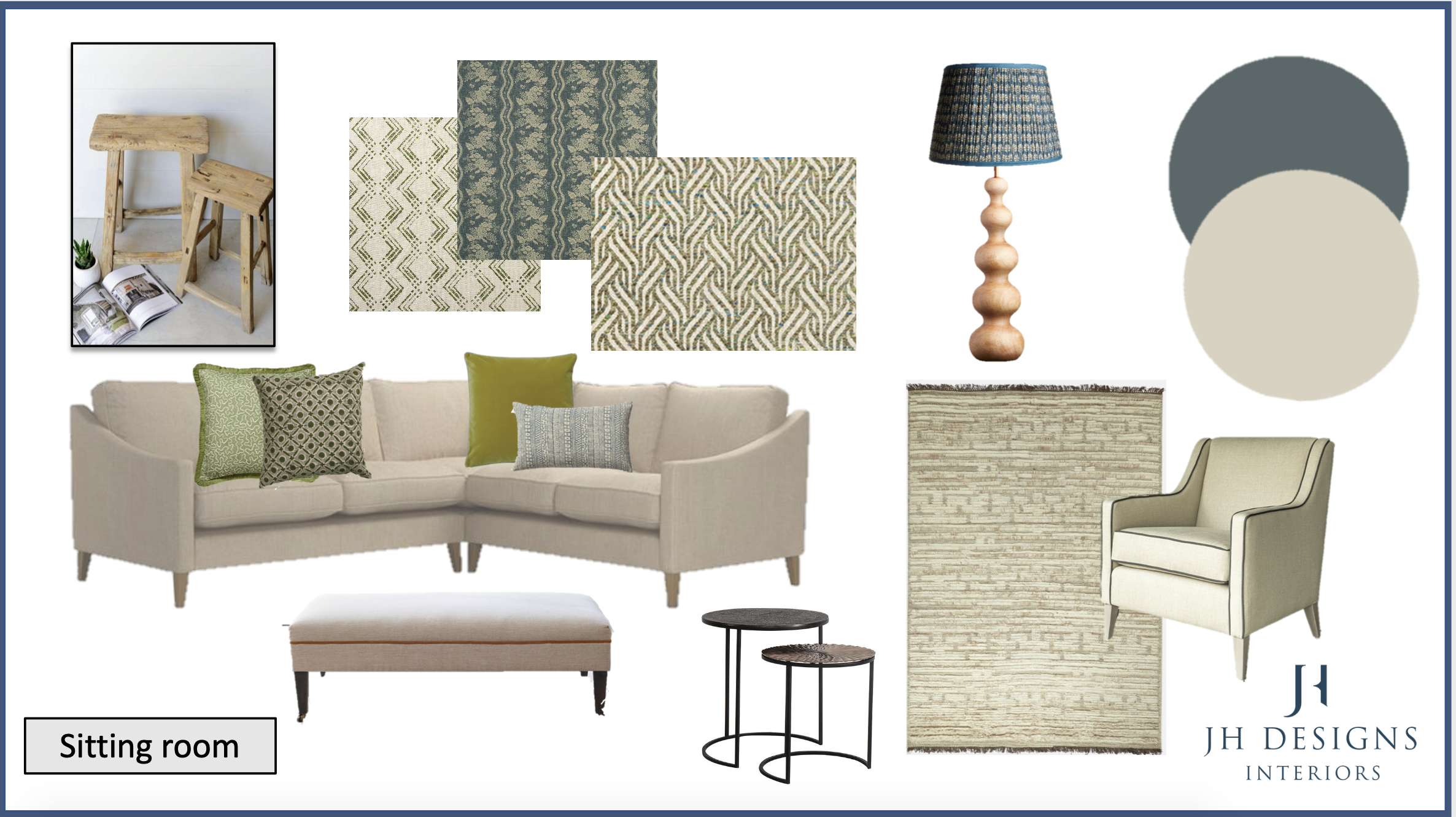 mood board in blue, grey & olive green