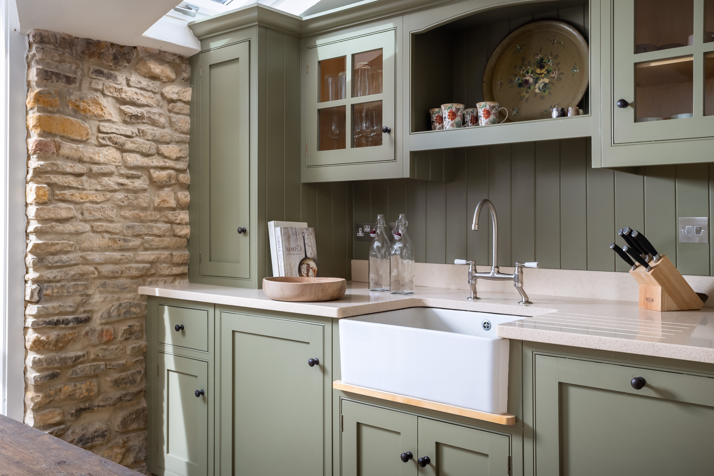 Repainted kitchen units, Butlers sink, Stone walls in kitchen